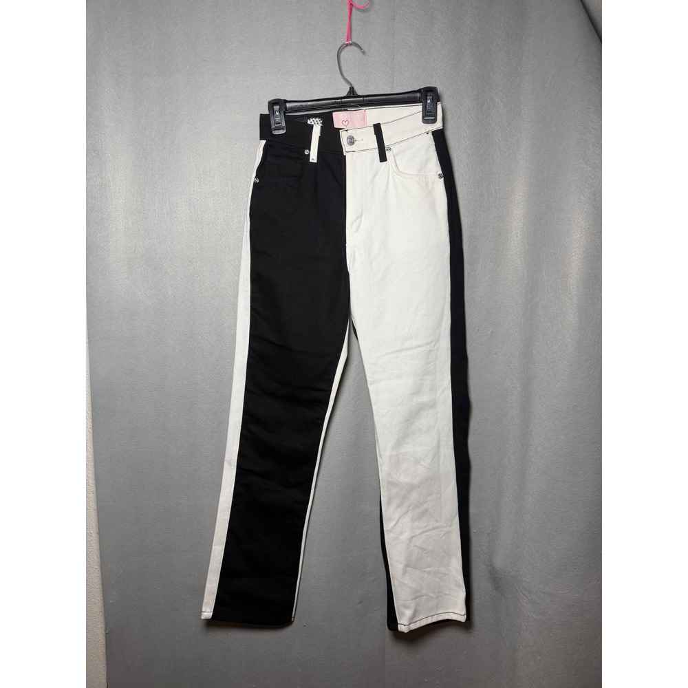 Revice Denim Black White Colorblock High Waisted Straight Leg Jeans Womens 24